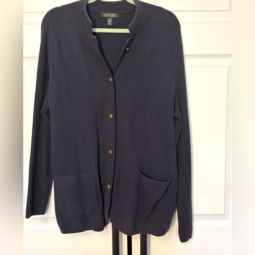 Navy blue Ralph Lauren sweater with gold buttons detail
